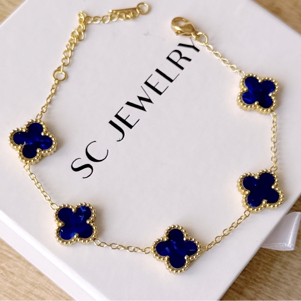Lustrous Royal Blue Clover Bracelet Stainless Steel Double Sided  Adjustable